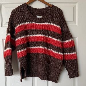 Aerie Brown and Red Striped Crew Neck Sweater